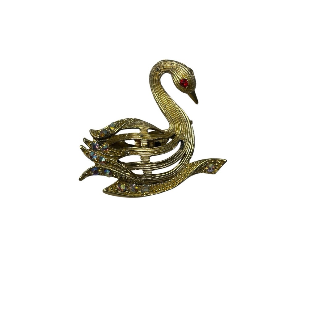 Vintage Gold Tone Aurora Borealis Rhinestone Red Eye Swan Bird Brooch Pin